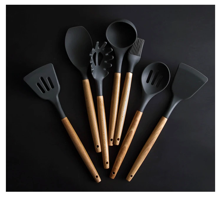Силиконовый кухонный набор Инструменты для приготовления пищи лопатка Черпак ложка для супа с деревянной ручкой специальный термостойкий дизайн набор посуды