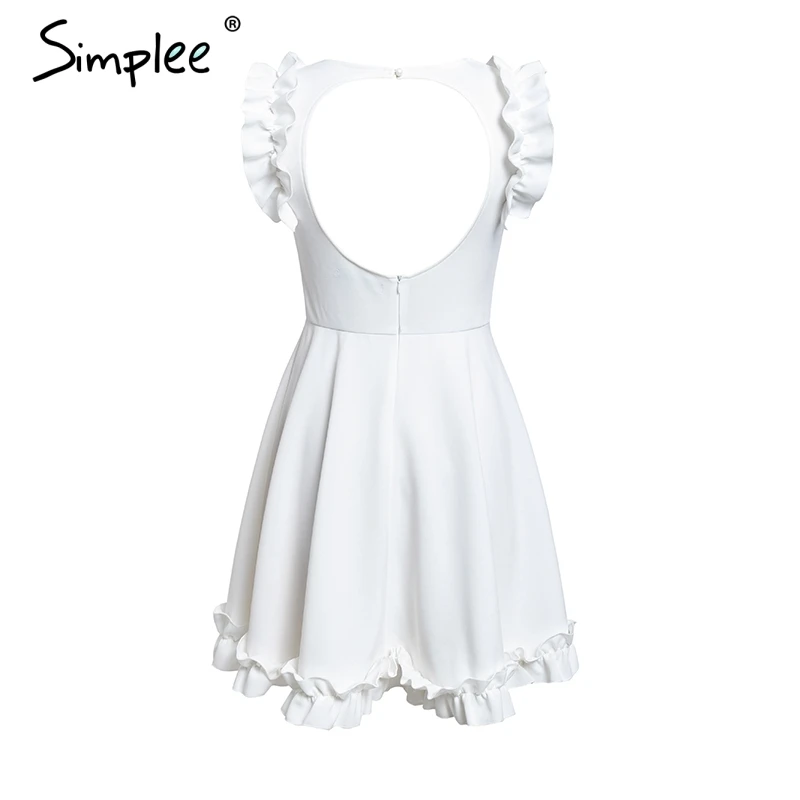 Simplee Sexy ruffle backless wome dresses O neck sleeveless party summer spring white dress Casual elegant solid dress festa