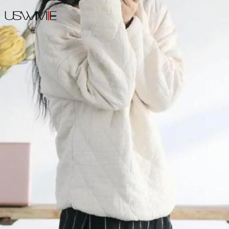 

USWMIE 2017 Winter Women Tops New Simple Retro Joker Solid Color O-neck Long Sleeve Thin Keep Warm Space Cotton Comfort T Shirt