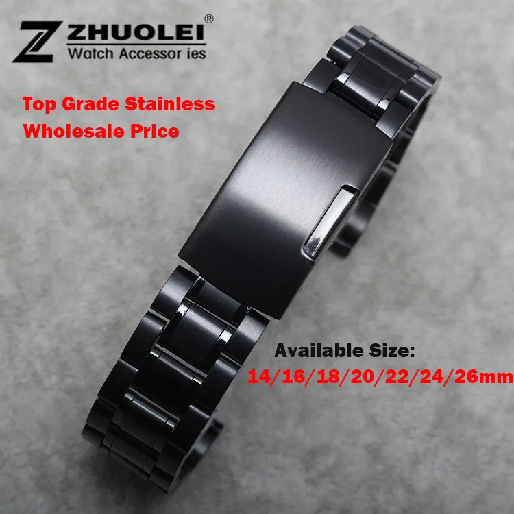 

New Watch Band Womens Men 14mm 16mm 18mm 20mm 22mm 24mm Buckle Black Stainless Steel Watch Band Strap Straight End Bracelet