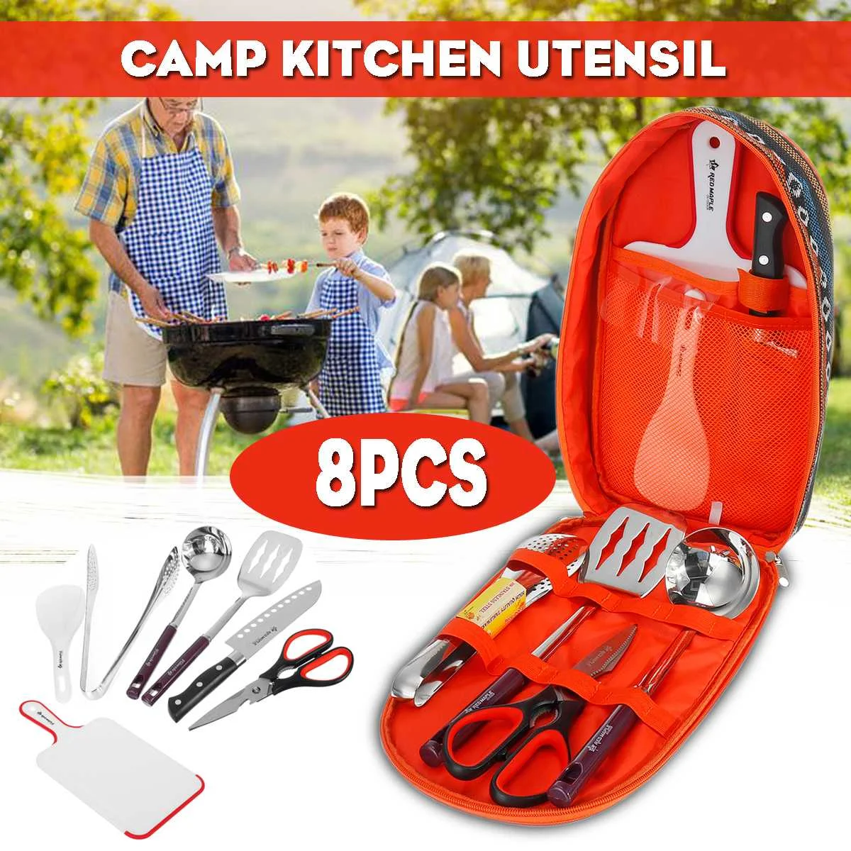 

Camp Kitchen Utensil 8 in 1 BBQ Camping Organizer Travel Set Spatula knife Storage Bag Portable Outdoor Travel Kit