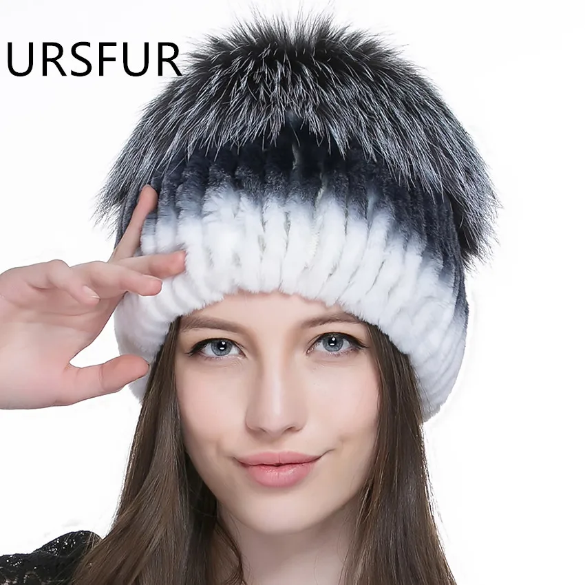

URSFUR Rex Rabbit Fur Women's Beanie Knit Hat With Fluffy Pom Mutiple Color Female Knitted Beanies Caps Hot Fur Skullies