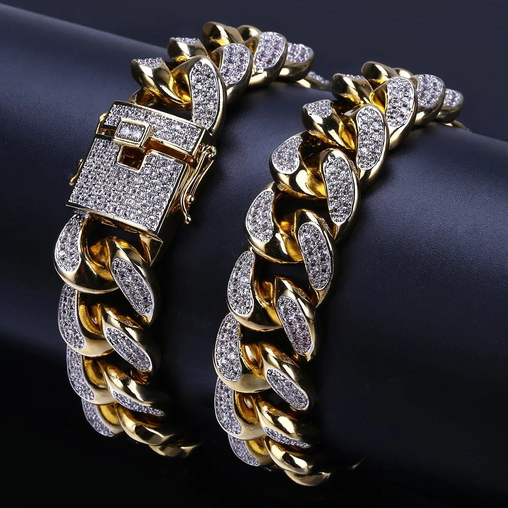 

Punk Style Hip Hop Gold Silver Jewelry Luxury Cubic Zircon Crystal 18mm Cuban Link Bracelet, Charm Mens Bracelets 7 8 inch