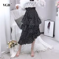 VGH весна Dot нерегулярные для женщин юбка лоскутное нерегулярные рюшами Высокая талия тонкий подол миди юбки новые модные корейские 2019