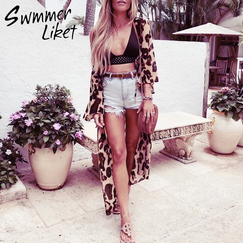 

Leopard print Kaftan Chiffon beach dress Tunic women's cover-ups Summer cardigan women Saida de beach cape dress cover up 2019