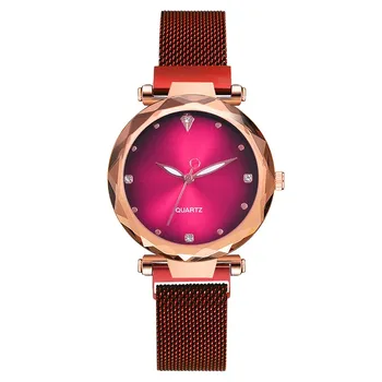 

Women Watches Drop Shipping Magnet Buckle Steel Mesh Strap Fashion Female Quartz Wristwatches Diamond Surface Female Red Watch