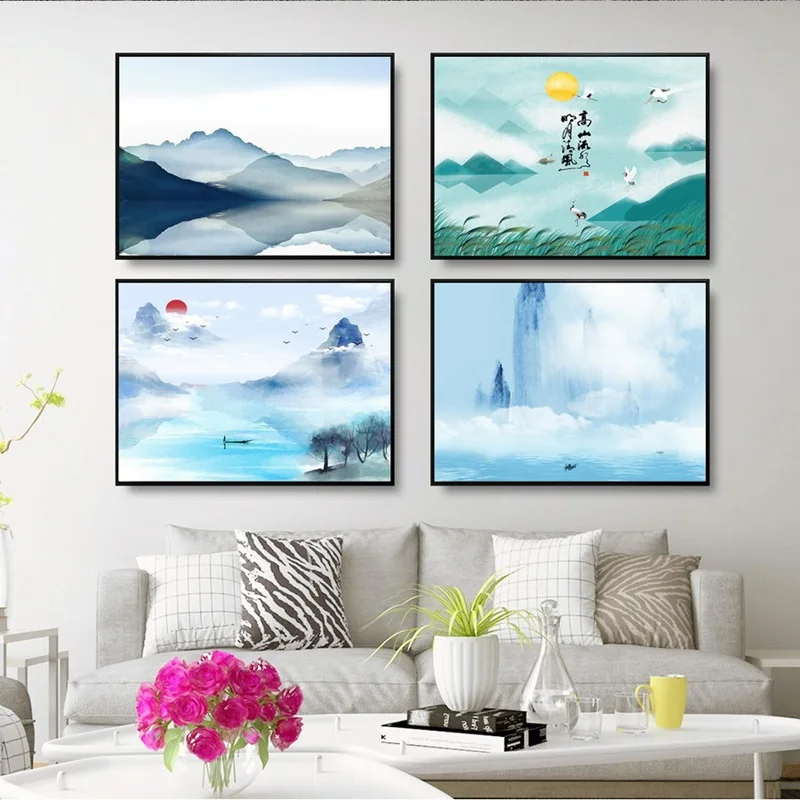 

Minimalist Retro Scenery Canvas Painting Modular Wall Art Pictures Horizontal Chinese Zen Blue Landscape Posters and Prints
