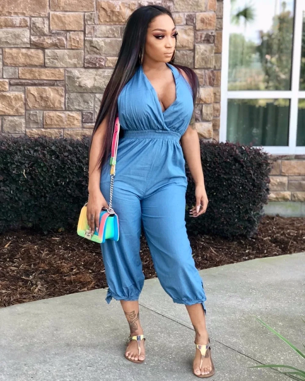 

2018 Female Blue Denim Fitting Calf-Length Rompers Casual Woman Deep V Neck Sleeveless High Waist Back Bandage Jumpsuits SY8275