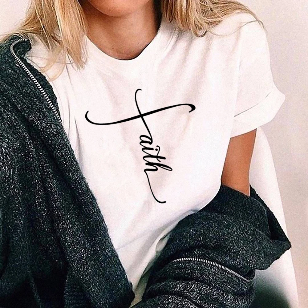 

Jesus Cross Letter Print T Shirt Women Casual Grunge Tumblr Tees Christian Pray Faith Tops Aesthetic Art T Shirt