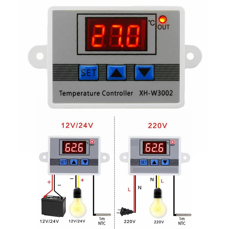 

DC 12V 24V 220V 10A Digital LED Temperature Controller W3002 Thermostat Control Switch with Probe Sensor Thermometer Controller