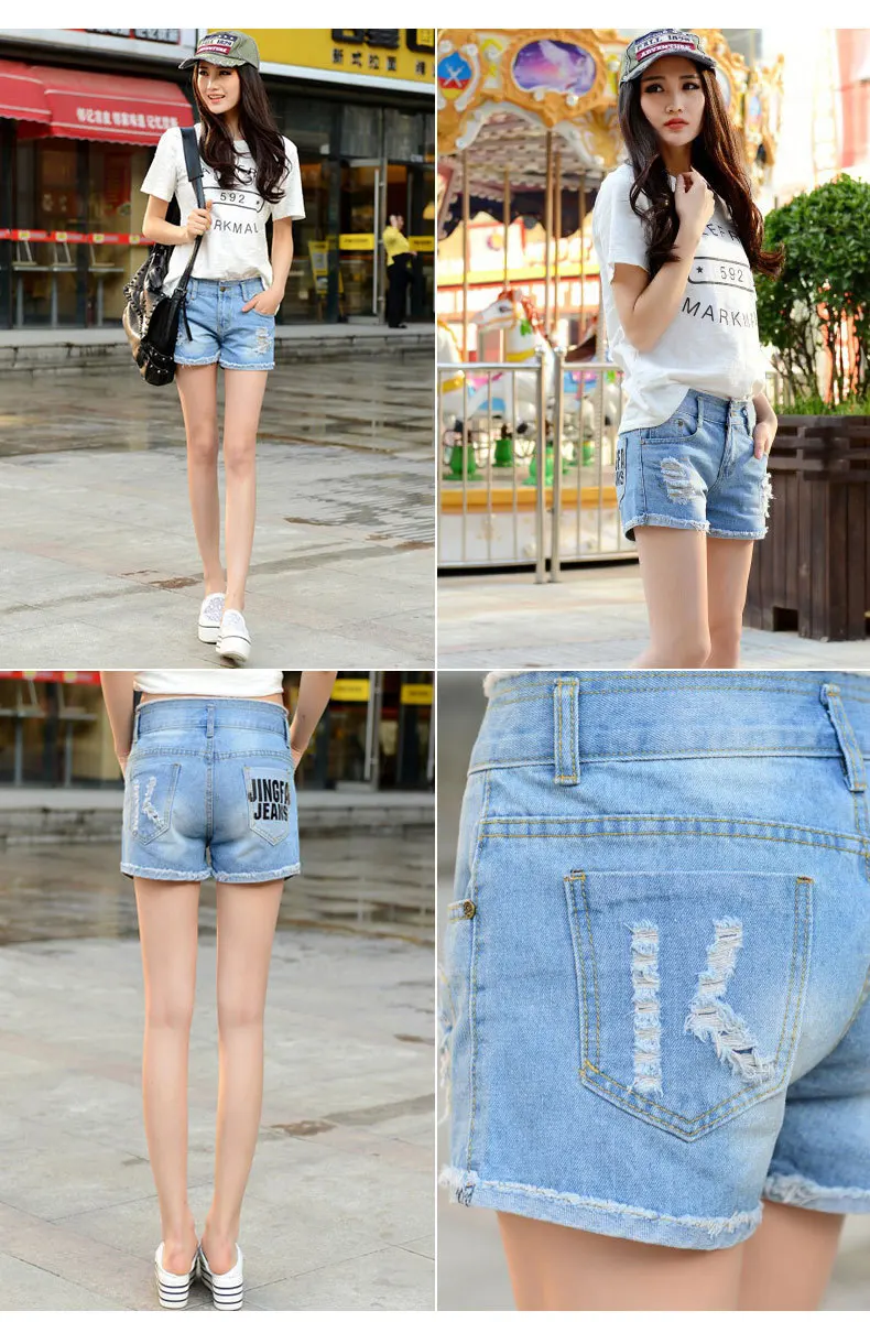 Летние джинсовые шорты размера плюс со средней талией с надписью на спине, рваные джинсовые шорты с дырками для женщин