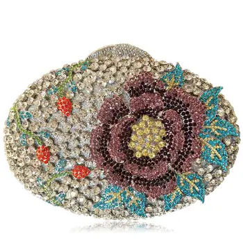 

2019 AW handmade BlingBling Full rhinestones peony flower metal evening clutch ladies Floral flower Oval bridal party clutch bag