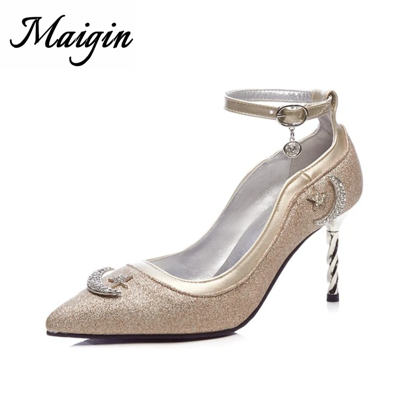 Maigin Brand Design Star Moon Fetish High Heels 2018 Sexy Pointed Toe Buckle Strap Pumps Women Shoes Elegant sapato feminino
