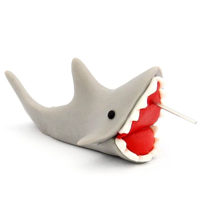 

Taken Earrings Handcraft Polymer Clay Cute Shark Biting Ears Stud Color Grey (One pair)