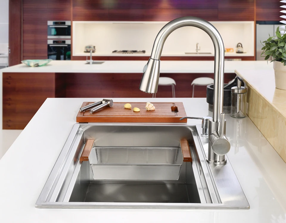 C&C SUS304 Stainless Steel Kitchen Sink Vessel Set With Faucet Single Sink Kitchen Washing Vanity