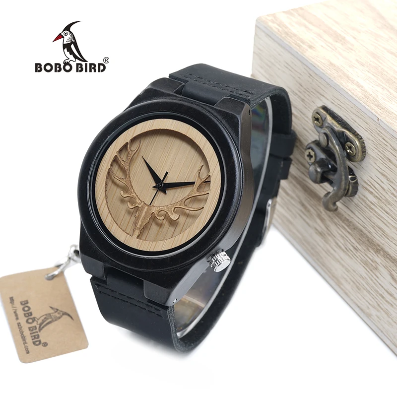 BOBO BIRD WB18 Deer Skeleton Black Wood Watches Leather Band Mens Top Brand Quartz Watches With Wooden Box relogio OEM