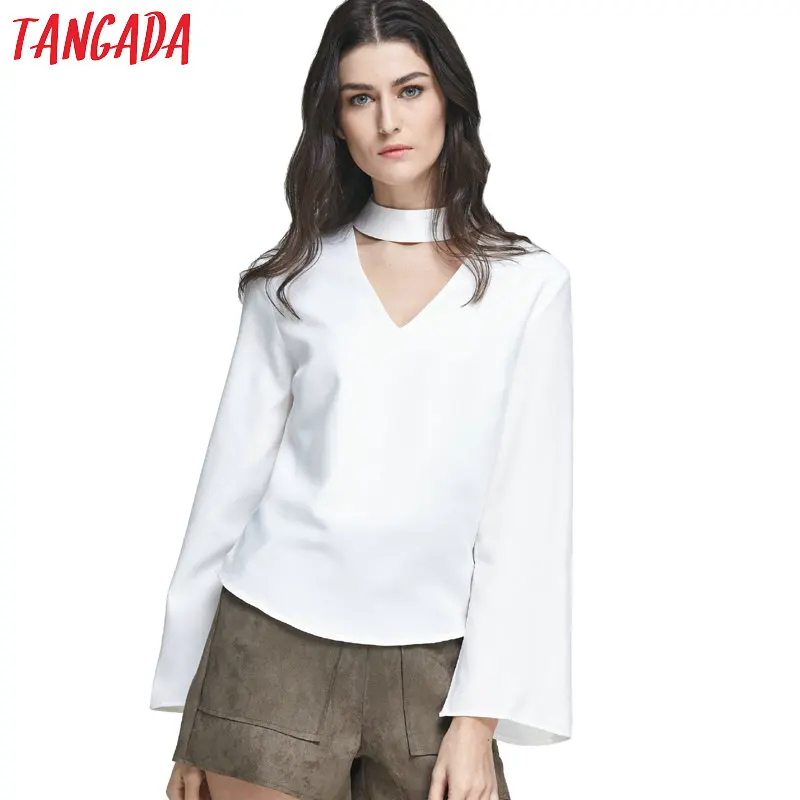 

Tangada Fashion Elegant White Black Halter Women Blouses Vintage V-Neck Long Sleeve Solid Casual Zipper Basic Brand Tops