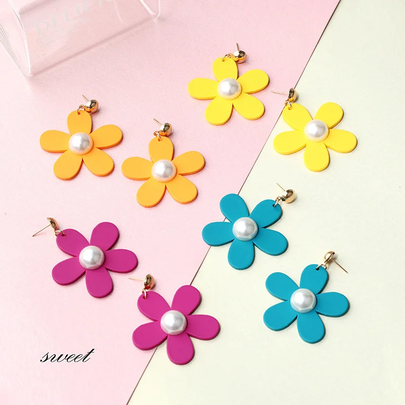

New Fashion Alloy Stud Earrings Colorful Acrylic 5 Petaled Flower Imitation Pearl Ins Earrings for Women Girls Party Jewelry