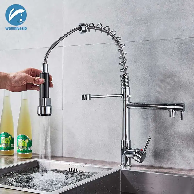 

Chrome Spring Kitchen Faucet Pull out Side Sprayer Dual Spout Tap Deck Mounted Kitchen Mixer Tap Kitchen Cold Hot Water tap