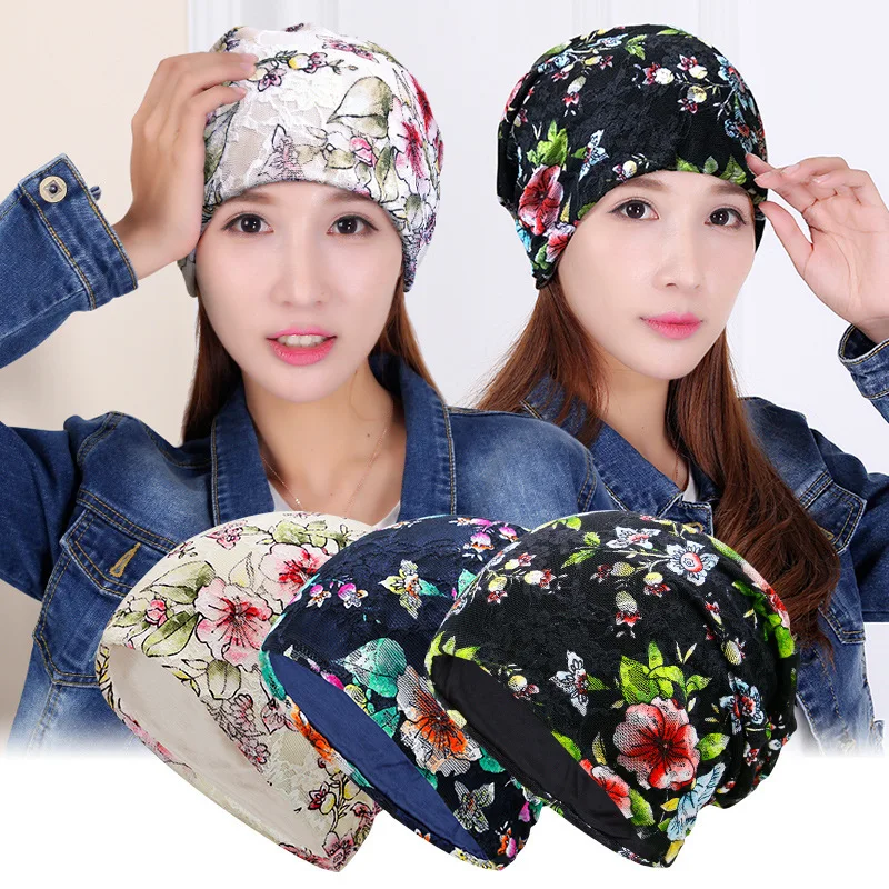 Beckyruiwu Women's Spring Autumn Thin Beanie Hat Cap Casual Lace Flower