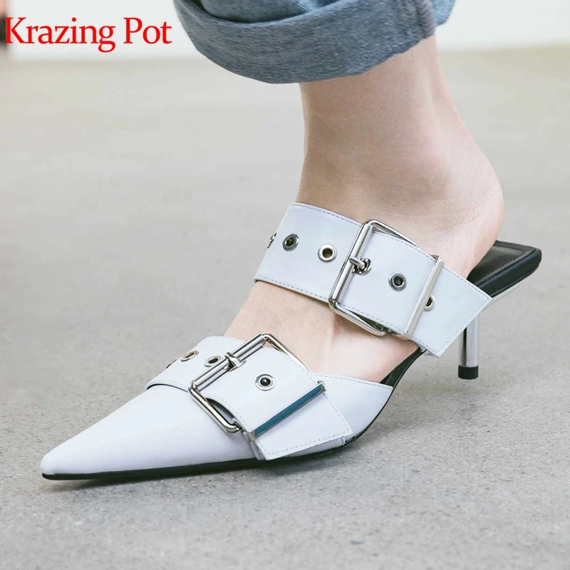 

Krazing pot new genuine leather Autumn mules strange design pointed toe slip on stiletto high heels metal rives dating pumps l7a