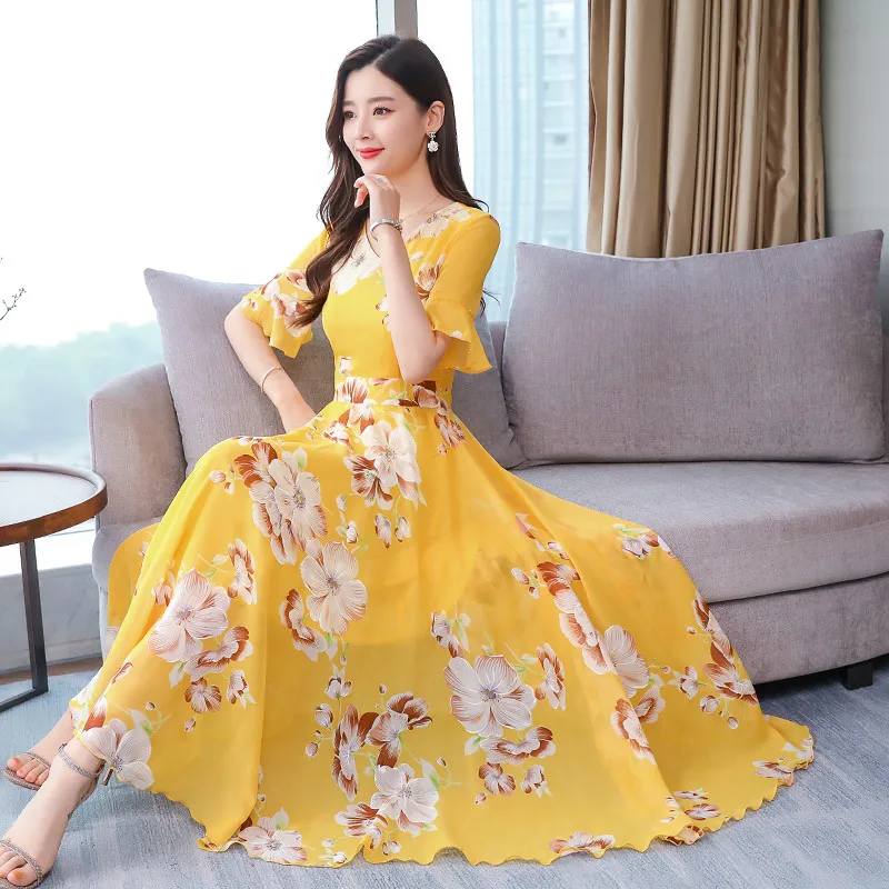 

High Quality 2019 Summer New Arrival Bohemian Style V Collar Flare Sleeve Flower Printed Woman Chiffon Beach Long Dress