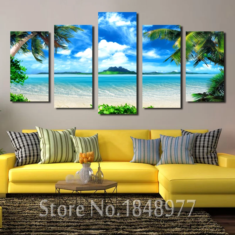5 Piece Large Modern Wall Art Beach Palm Tree Painting For Living Room