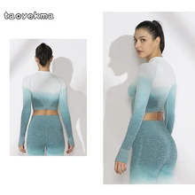 Женский топ, рубашки для йоги для женщин, бесшовные Топы с длинным рукавом для тренировок, рубашки для спортзала с отверстием для большого пальца, фитнес-укороченный топ, рубашка Mujer