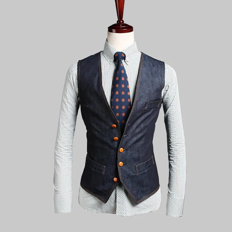 AIMENWANT 2017 Fashion Single Breasted Dress Jeans Vests Male