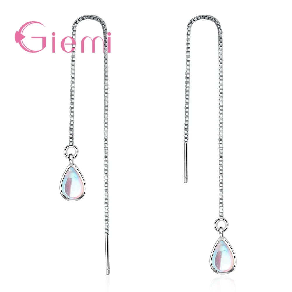 Eccellente Nuovo Disegno Waterdrop Arcobaleno Cristalli Puro 925 Sterling Silver Box Filo Di Lunga Ciondola Gli Orecchini Per Le Donne Femme