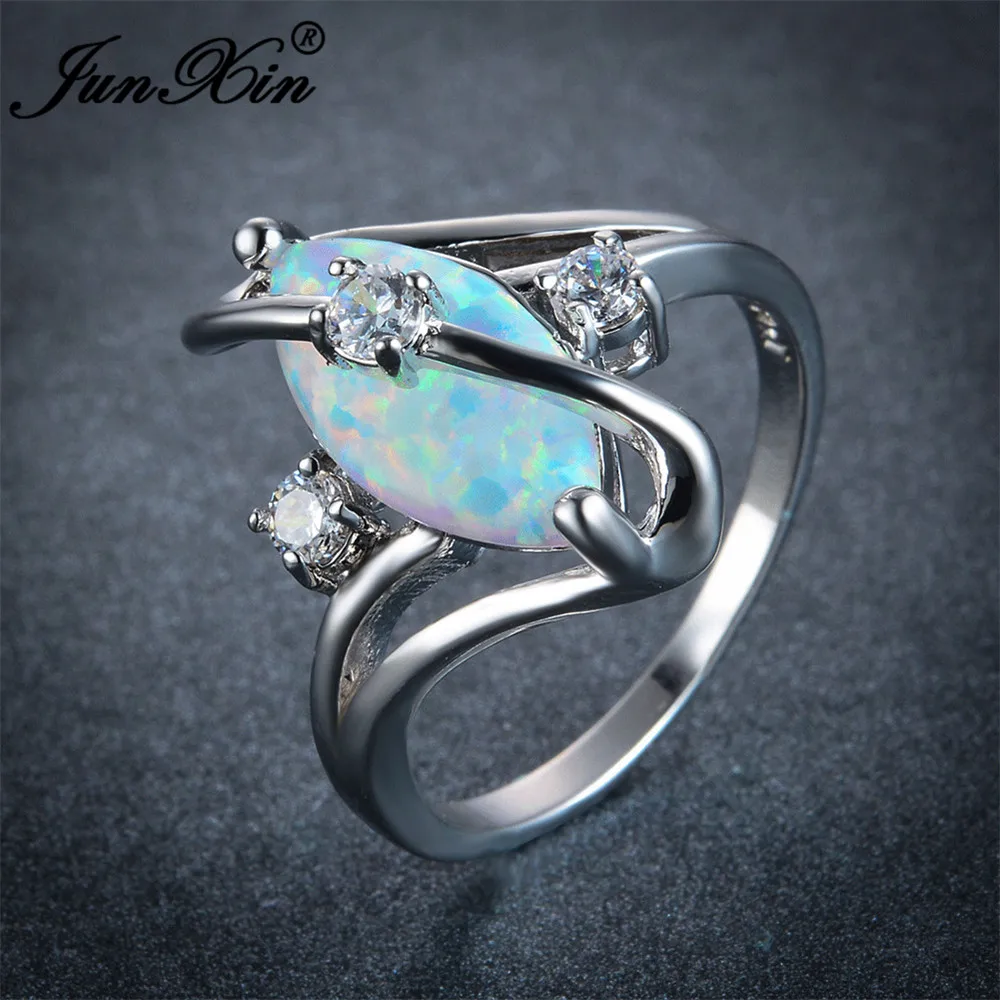 JUNXIN Unique Women Blue/White Fire Opal Stone Ring 925 Silver Color Luxury AAA Zircon Wedding Jewelry Promise Engagement Rings