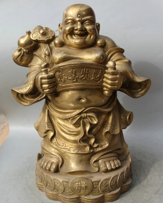 

18" Chinese Brass Stand Wealth Happy Laugh Buddha Gourd Ru Yi Statue