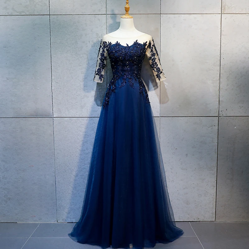 

Evening Dresses Long Pretty Sexy Navy Blue O-neck Half Sleeves Beads Lace A-line Sparkle New Formal Party Gowns 2019