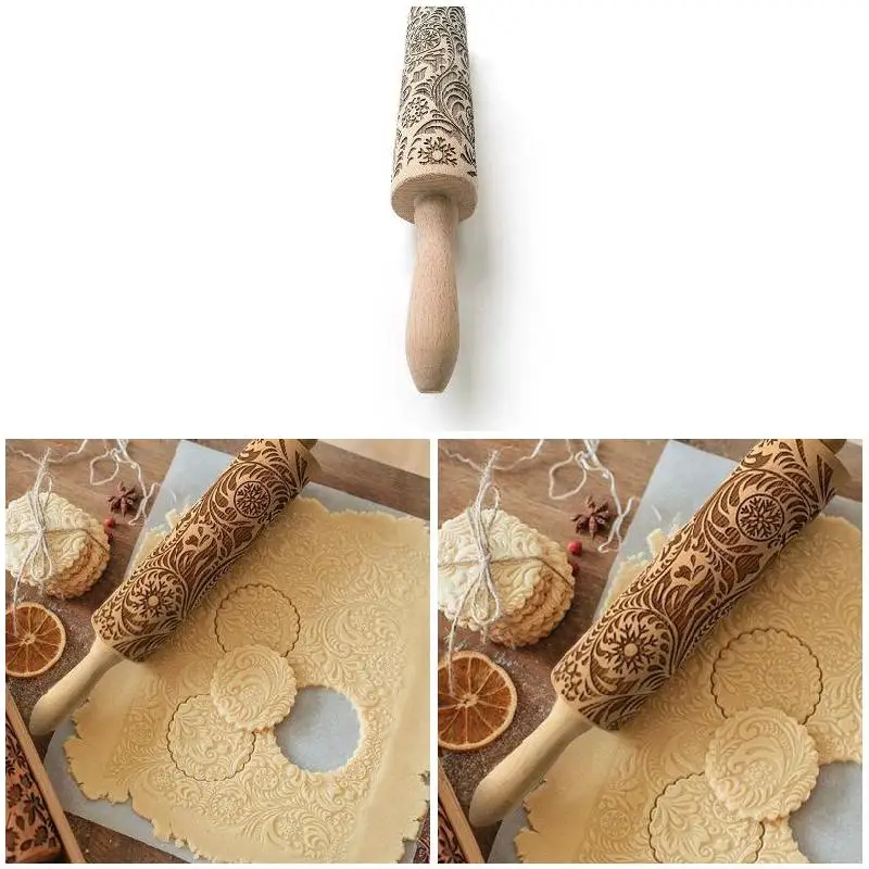

Wooden Rolling Pin Embossing Christmas Baking Cookies Biscuit Fondant Tool HUG-Deals