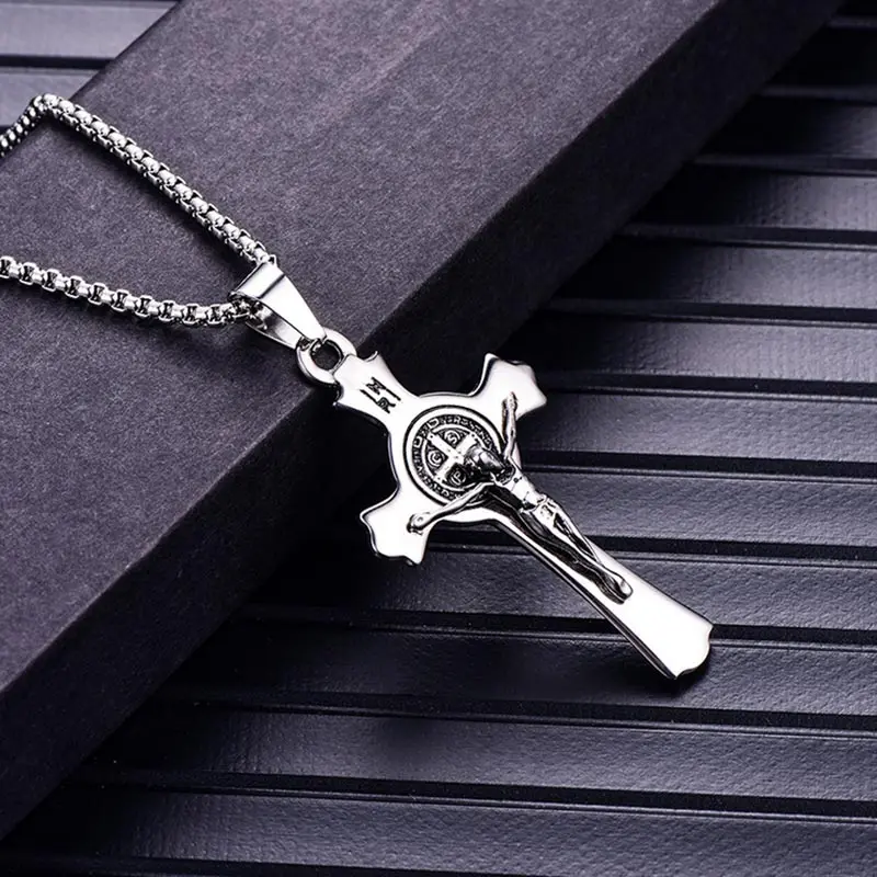 

ZFVB Stainless Steel Religious Jesus Cross Necklaces Pendants Men Christian Saint Benedict Cross Medal Pendant Necklace Jewelry