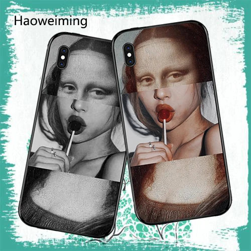 

For iPhone X XR XS Max Case Mona Lisa Funny Parody Art Silicone Cases Soft Silicone Cover For Apple iPhone Capa Retro Coque