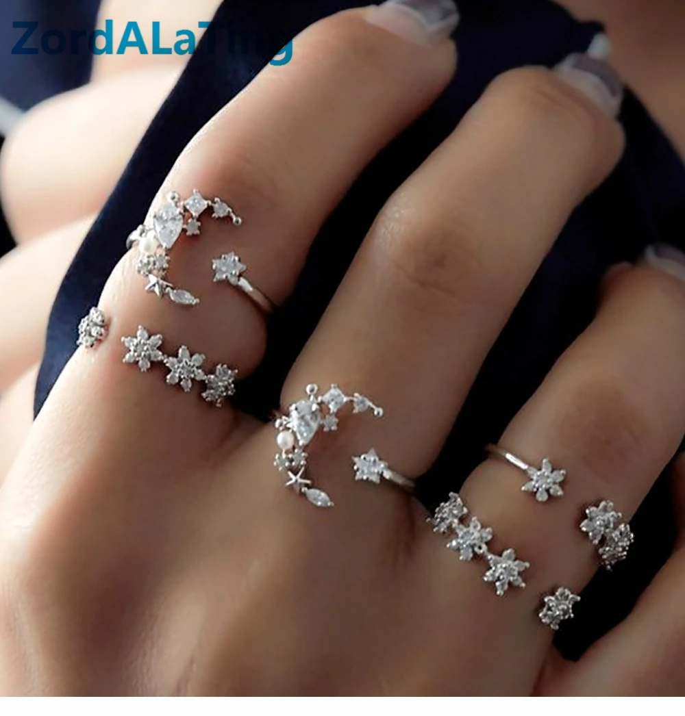 

Alloy imitation rhinestone stars and moon set open adjust wedding rings for women simple ring 5in1 dance party jewelry