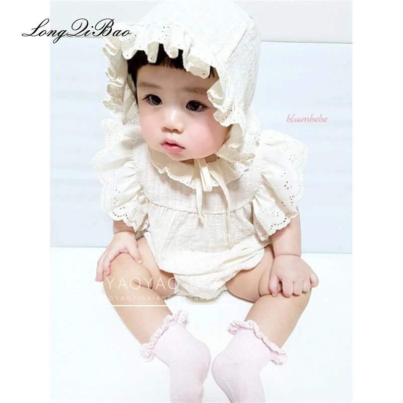 

High quality 2018 baby crawling suit summer thin bag fart clothing sleeveless female baby lace one piece outfit with hat