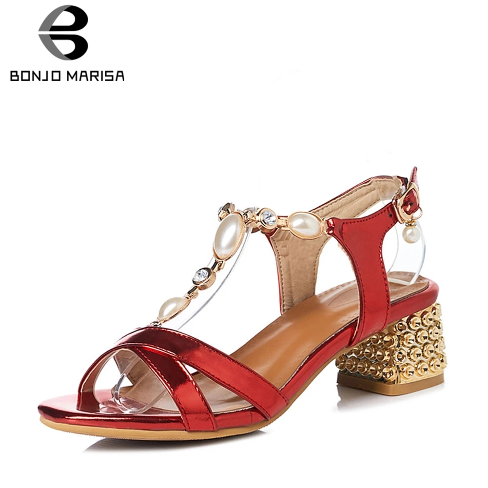 

BONJOMARISA New Fashion Big Size 31-43 Ladies 4.5cm Med Heels Pearl Women Shoes Woman Casual Party Ol Summer Sandals 2019