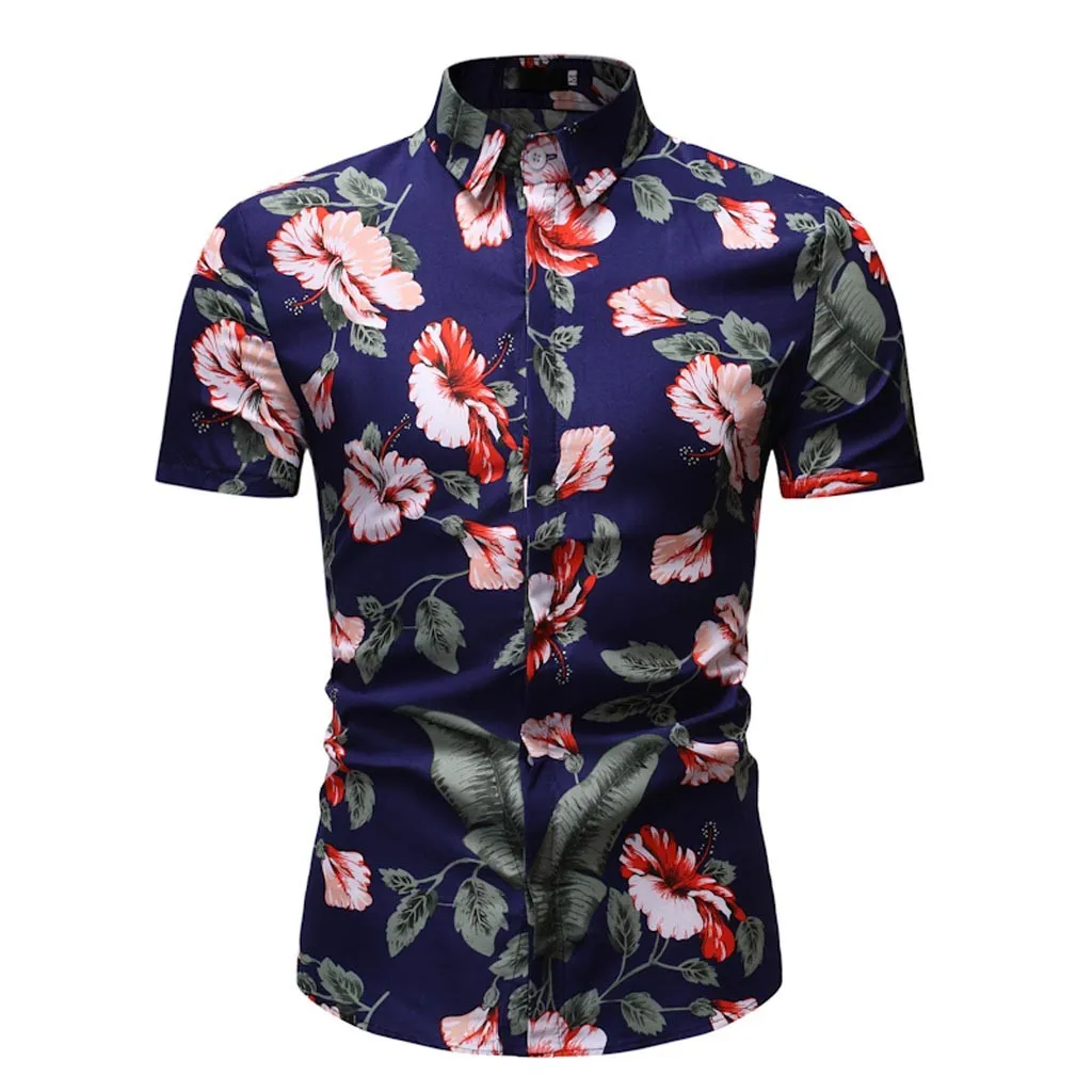 Мужская рубашка, летняя повседневная гавайская рубашка, удобная, с принтом, с отложным воротником, облегающая, с коротким рукавом, топ, рубашка, блуза для мужчин, camisa hombre