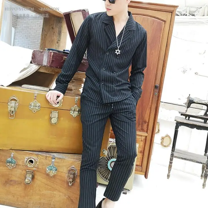 

2020 Striped suit collar long-sleeve shirt set is Korean version of British slim shirt striped shirt Big yards men's clothing
