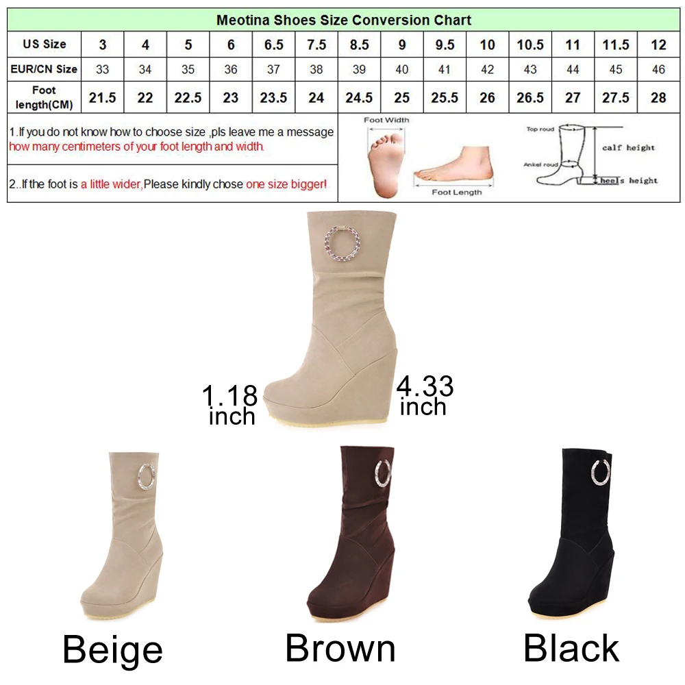 Meotina/Женская обувь, ботинки Для женщин Платформа, высокий каблук зимние сапоги со складками до середины икры сапоги на танкетке Дамская обувь с круглым носком коричневый, черный