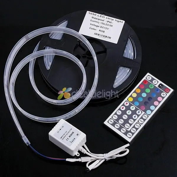 cheap DC12V 5M Lot IP66 Silicone Tube Waterproof 5050 SMD 30LED M 150LEDs RGB Color Flexible LED Strip + 44 keys IR Remote