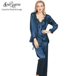 Sparogerss роскошный Для женщин халат пижамные комплекты 2018 искусственного шелка дамы 3 шт. кружева шелковистой пижамы брюки набор пижамы сна