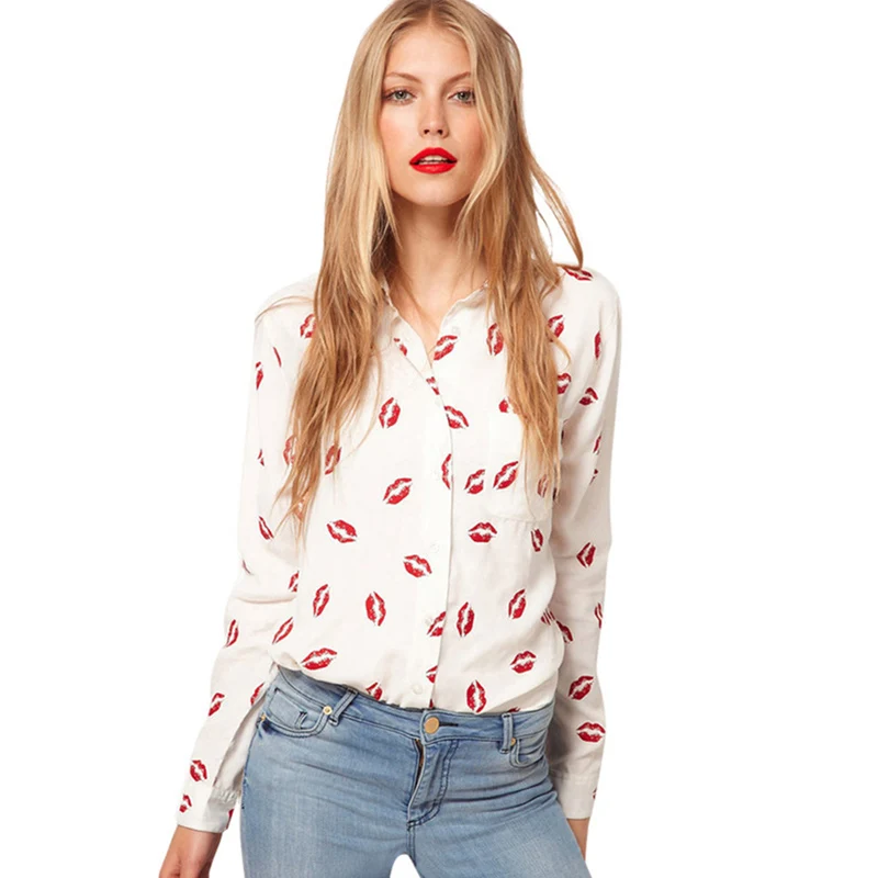 

Women shirt Red lips printed chiffon shirt Polyester summer 2019 camiseta mujer Loose cardigan vogue shirt New arrive fashion