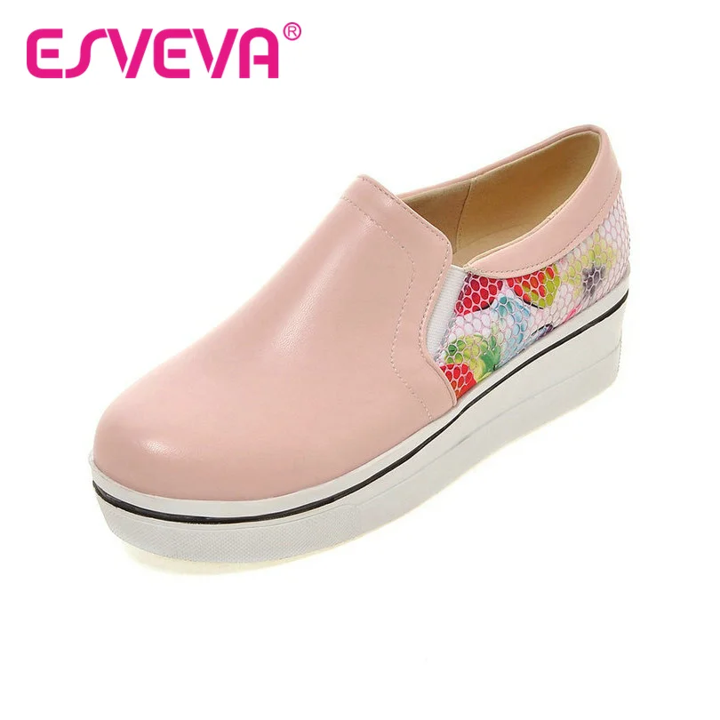 

ESVEVA size 4-8 Comfrotable Slip On Women Pumps Round Toe Platform PU Printing Leather Autumn/Spring Miss Party Shoes White