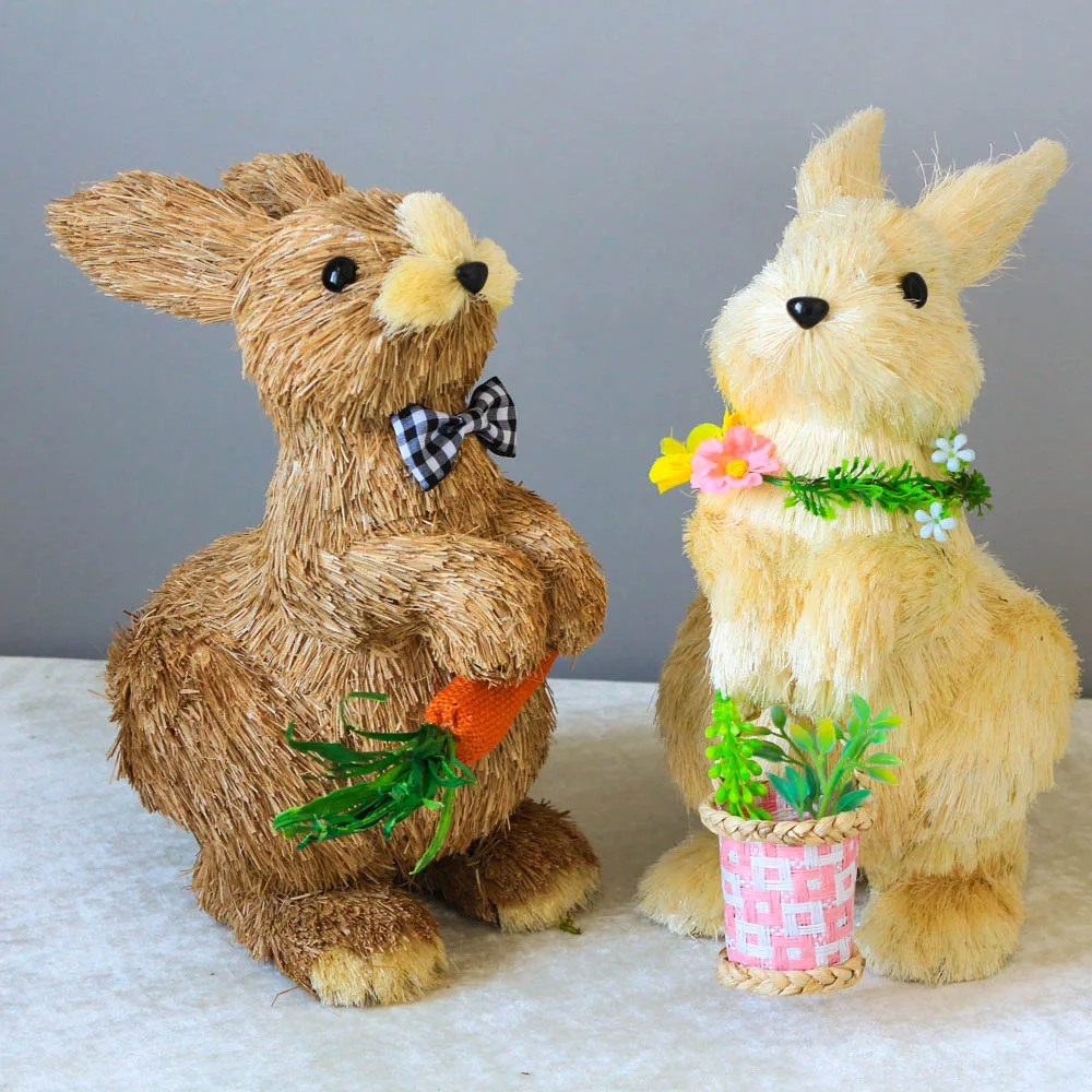 

H12" Easter Decor Sisal Bunny Rabbit Couple Gardening Easter Bunnies with Basket Carrot Spring Ornaments Wedding Home Decoration