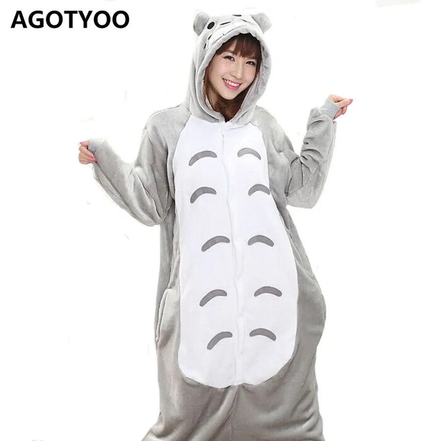 AGOTYOO 2017 Women Winter Pajamas Cute Cartoon Totoro One Piece Pyjama Flannel Long Sleeves Pijama Homewear Sleepwear Unisex | Женская