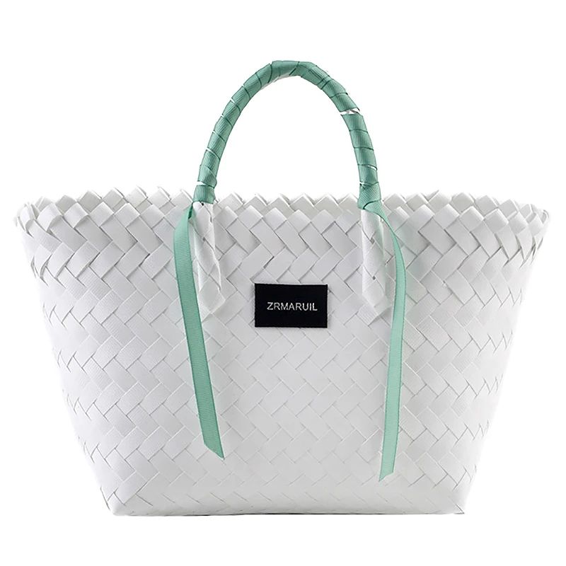 

Female Casual Summer Beach Shoulder Bucket Handbags Women Weaving Solid Color Top-Handle Bags