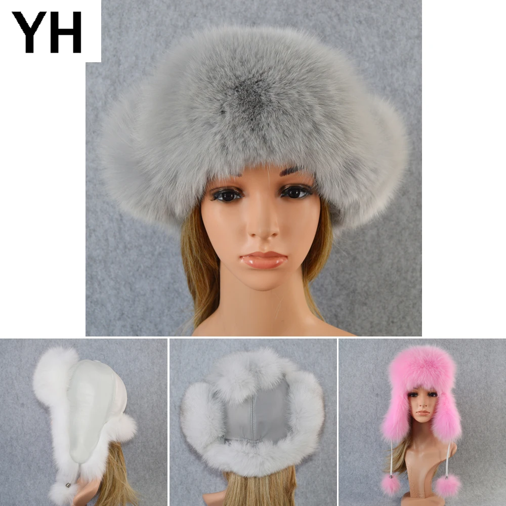 

2019 Outdoor Winter Lady Real Fox Fur Hat 100% Natural Genuine Fox Fur Bomber Cap Women Casual Girls Warm Soft Real Leather Caps
